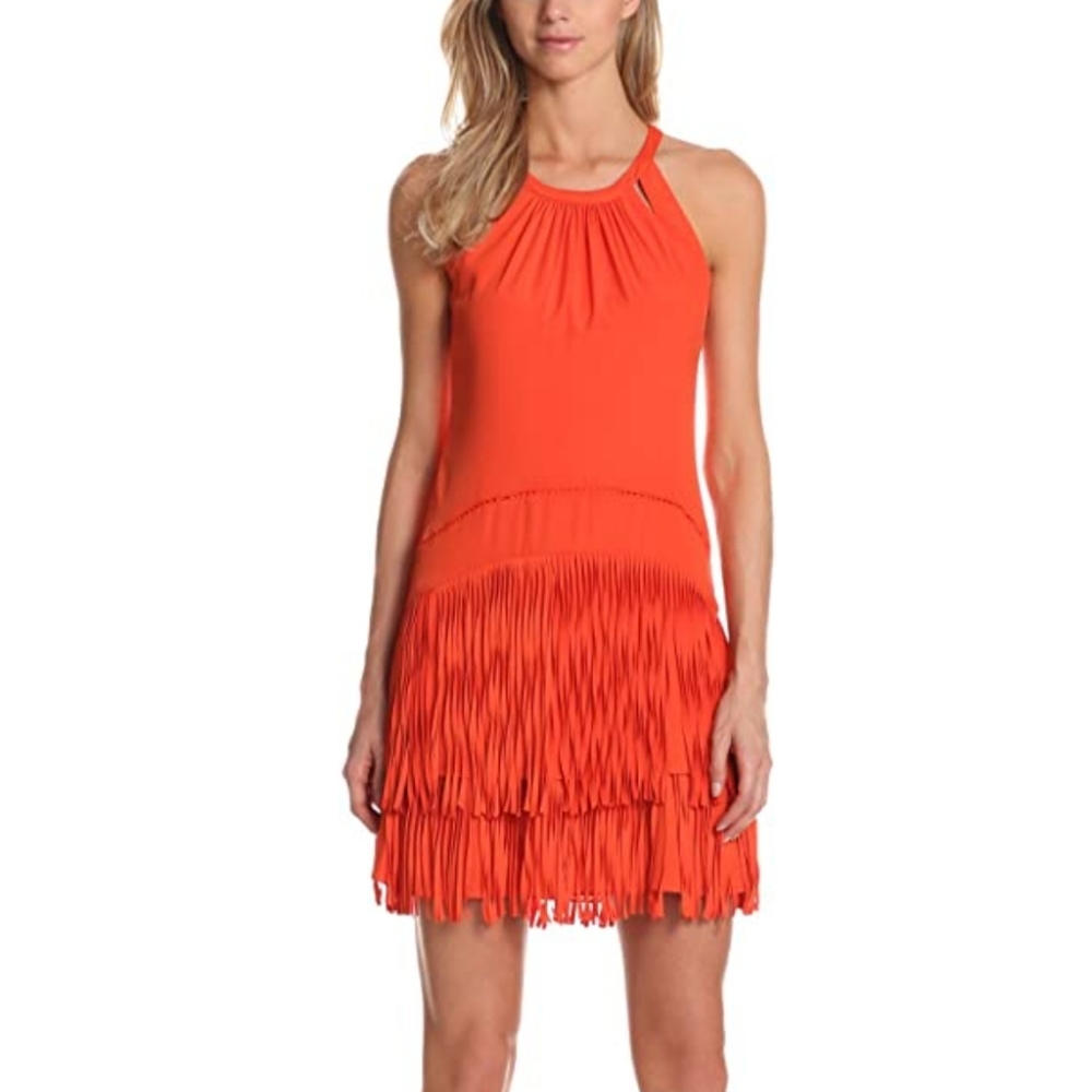 Vince Camuto Halter Dress with Fringe Skirt